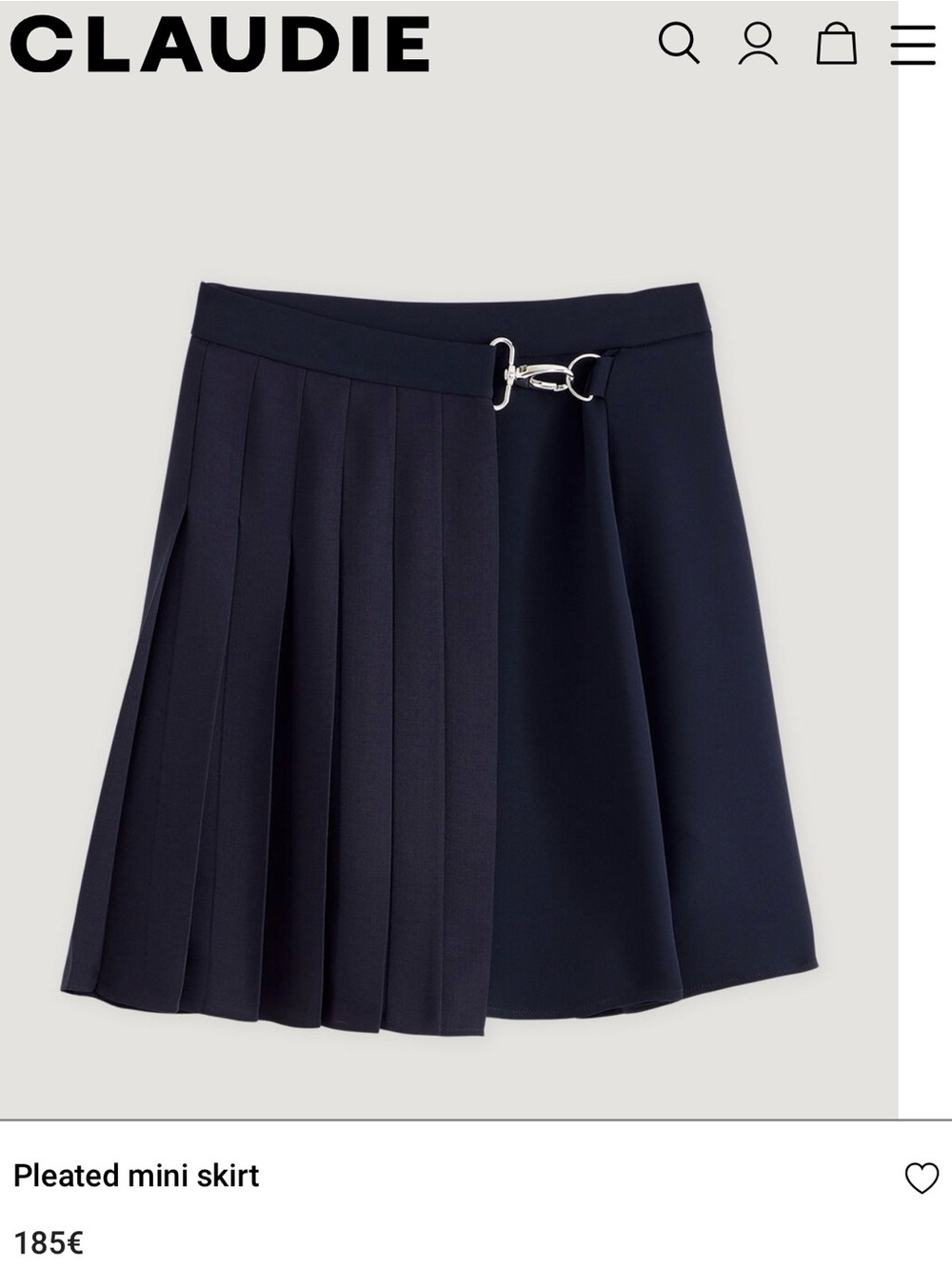 Claudie Pierlot Navy Asymmetrical Pleated Mini Skirt with Silver Buckle